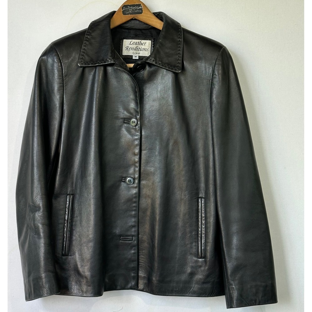 Leather Renditions Jacket Whipstitch Soft Leather Womens M Black Moto Pockets